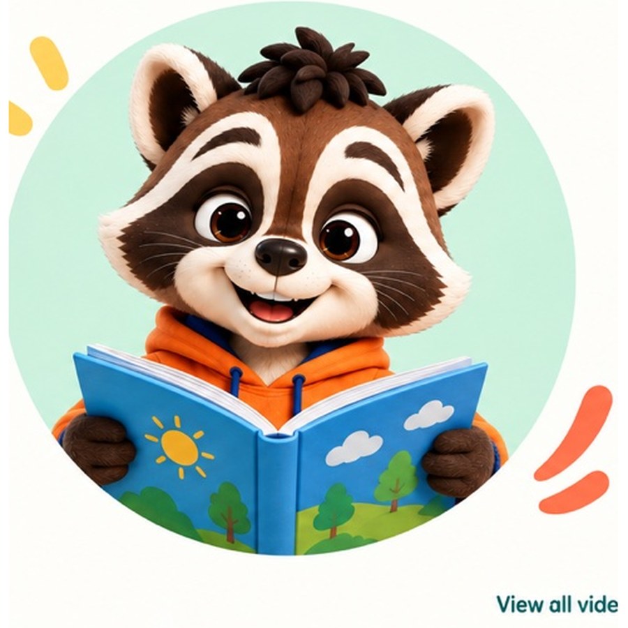 Romy the raccoon, in an orange hoodie, happily reading a book